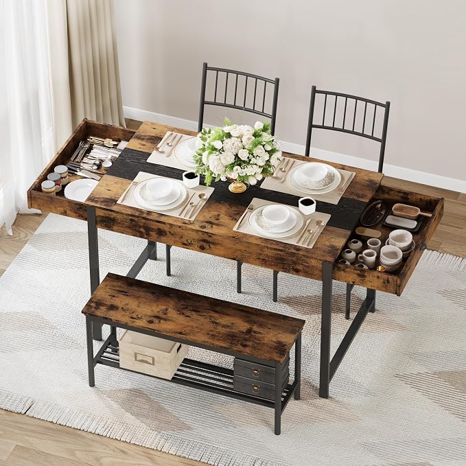 GarveeHome Dining Table Set for 4,Kitchen Table with Bench & 2 Chairs,Retro | Includes Storage Rack & Drawers, Space-Saving，Rectangular Farmhouse Style, Perfect for Breakfast Nook - Image 6
