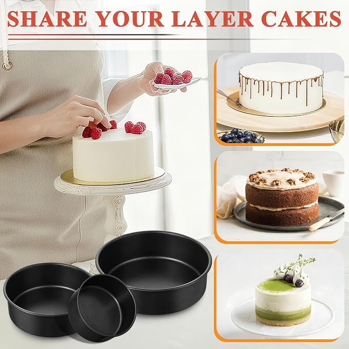 E-far Nonstick Cake Pan Set of 3, 5/7/9 Inch Stainless Steel Baking Pans Tins, Round Bakeware for Layer Cakes, Stainless Steel Core & Non-Toxic Coating, Straight Side & 2 Inch Deep - Image 5