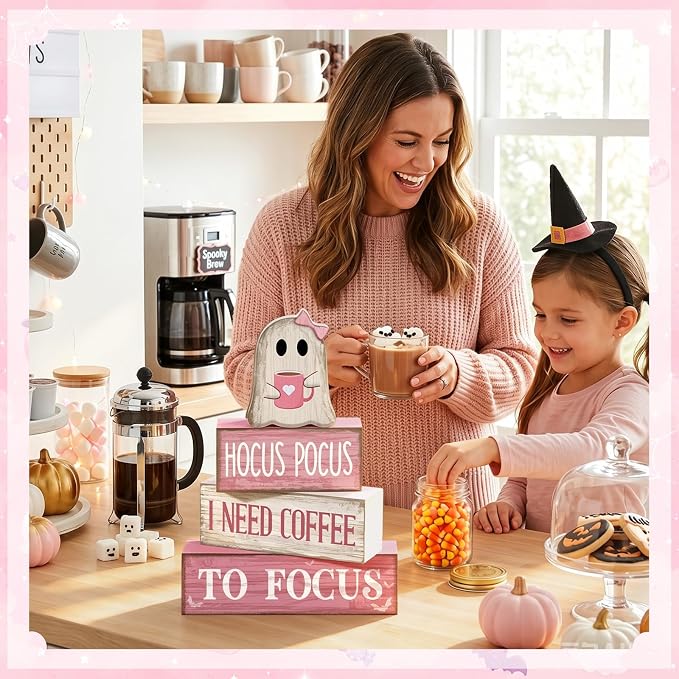 Moucuny 4 Pcs Pink Halloween Table Decorations Coffee Ghost Wooden Stacked Block Decor, "Hocus Pocus I Need Coffee to Focus" Signs, Cute Rustic Halloween Tiered Tray Decor for Home Kitchen Office Bar - Image 4