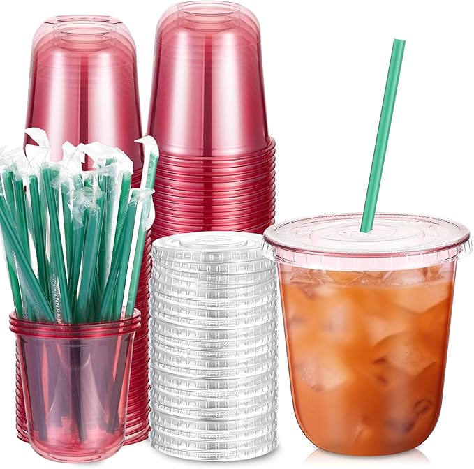 Baderke 25 Set Plastic Cups with Lids and Straws, Disposable Plastic Iced Coffee Cup for Cold Beverage Juice Smoothie Crystal for Coffee Shops Party Catering(Pink,12 oz) by Baderke