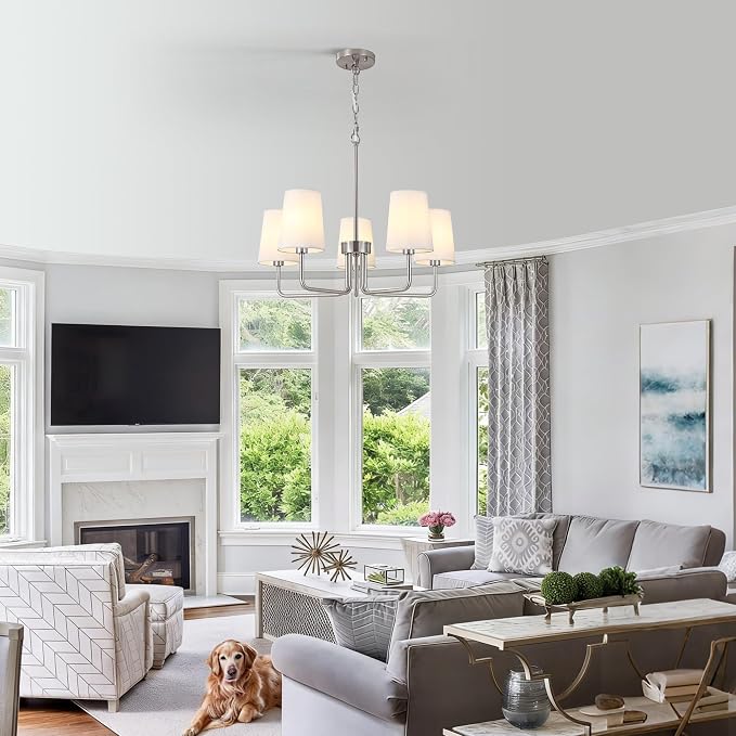Modern Brushed Nickel 5-Light Chandelier, Farmhouse Industrial Dining Room Light Fixture Over Table with White Fabric Shade, Hanging Pendant Lighting for Kitchen Island Bedroom Living Room Entryway - Image 4