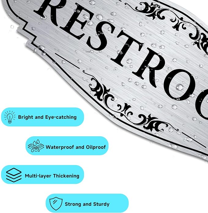 Restroom Sign Sticker for Business & Home, Self-Adhesive Brushed Silver Elegant Bathroom Signs for Door, Durable & Waterproof Unisex Restroom Signage for House Toilet, Office, Store, Shop - Image 3