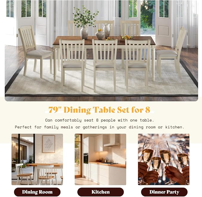 AMERLIFE 9 Piece Farmhouse Dining Table Set with 79" Table, Cream | Solid Rubberwood Frame, 8 Chairs Included, Farmhouse Design, Upholstered Seating, Rustic Cream Finish - Image 7