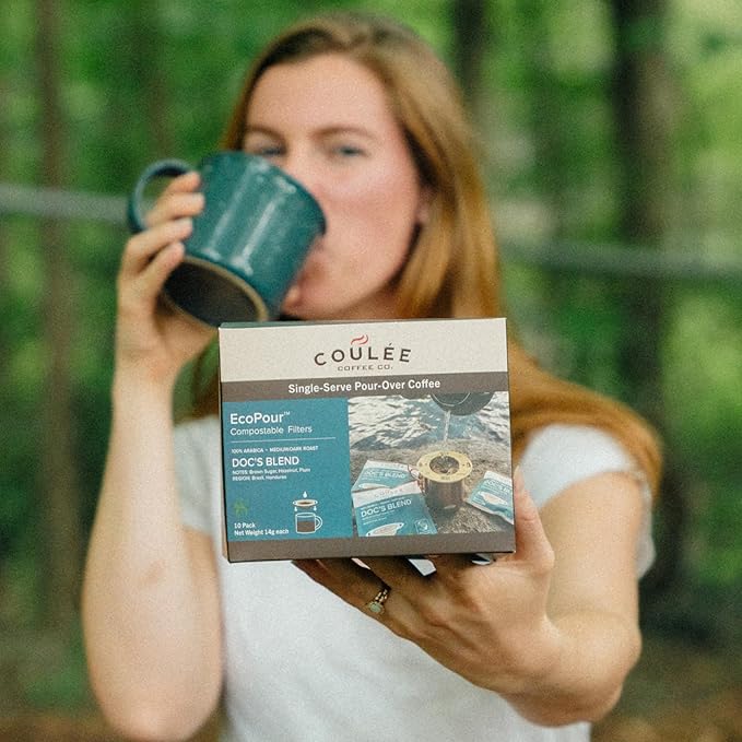 Coulée EcoPour Coffee Variety Pack, Single Serve Pour Over Coffee, Use for Camping or Traveling, Pre Filled Compostable Filters, Ready to Brew with Hot Water, Includes 4 Flavors, 20 Pack