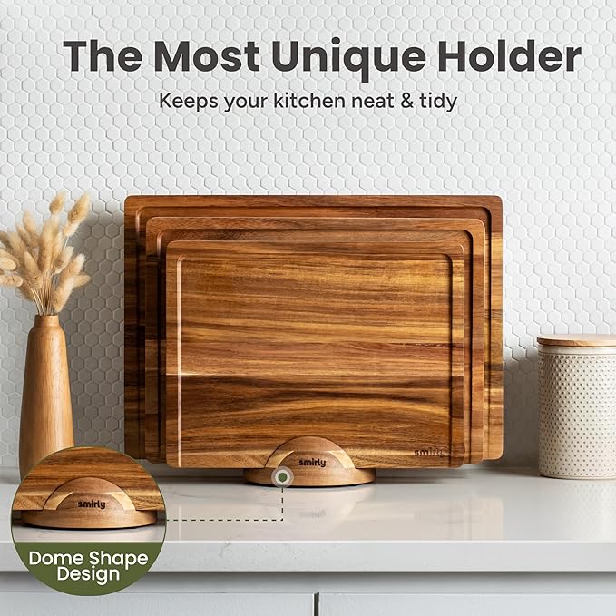 SMIRLY Cutting Boards for Kitchen, 3 Piece Acacia Cutting Board with Stand | Non Toxic Cutting Board with Juice Grooves and Handles, Multiple Sizes Wood Chopping Board for Meat Vegetable Charcuterie - Image 4