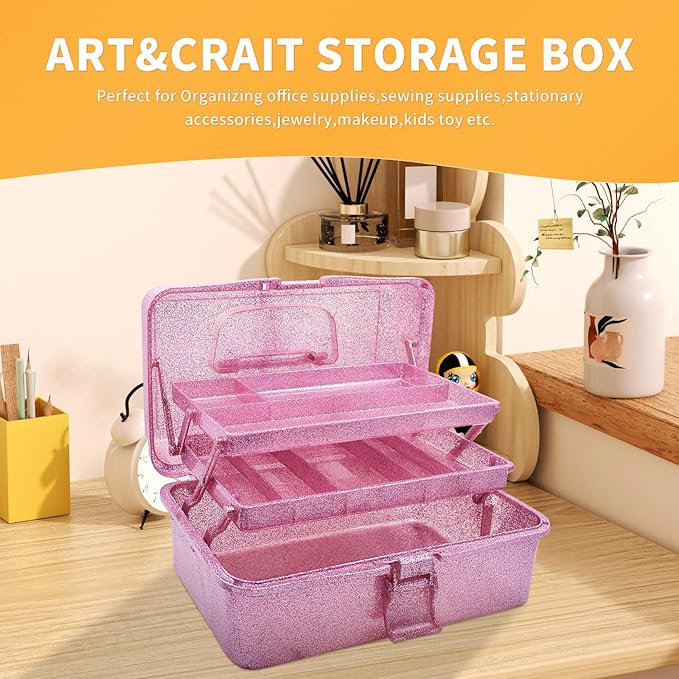 Saim Storage Bins,Three-Layer Multipurpose Art & Craft Storage Container,Carry Tackle Organizer,Medicine Cosmetic Art Supply Box for Art Supply Makeup Hair Accessories Painting Tools - Pink