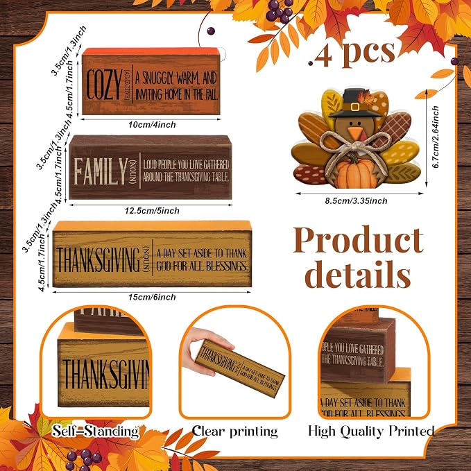 Moucuny 4 Pcs Fall Decorations for Home Wooden Turkey Decor Thanksgiving Tiered Tray Decor Thanksgiving Table Centerpiece Rustic Wooden Pumpkin Turkey Block Sign for Autumn Harvest Party Kitchen Shelf - Image 4