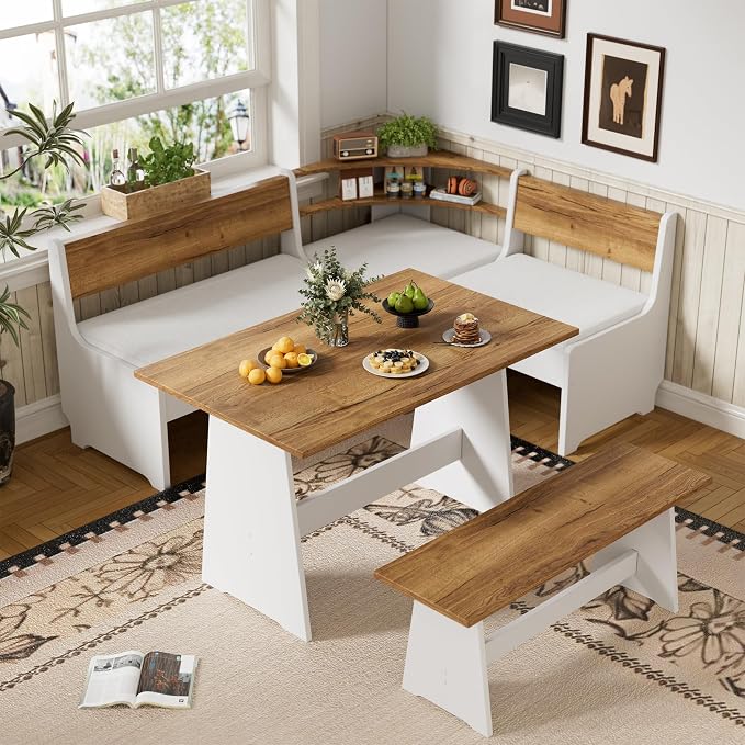 PAKASEPT Corner Breakfast Nook Table Set with Cushion, L-Shape Kitchen Dining Table with Bench, Farmhouse Wood Breakfast Nook Bench with Hidden Storage,White & Brown - Image 7