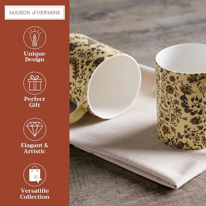 Maison d' Hermine Coffee Mug with Handles Tea Cups (15 Ounce, Pack of 2) | Fine Bone China Coffee Mugs for Hot Beverages Cappuccino Latte Home Restaurant Hotel Spring Summer -Lakshmi - Image 2