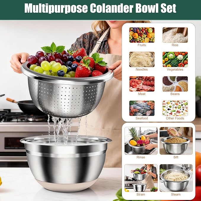 Stainless Steel Mixing Bowls Set with Lids & Silicone Base - 7-Piece Kitchen Gadgets Includes Colander, Grater, Egg Separator, Whisk - Nesting Bowls (1.5, 2, 2.5, 4.5 QT), Dishwasher Safe, Khaki - Image 2