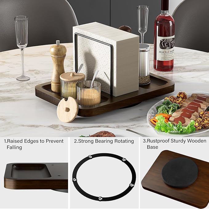 Rotating Napkin Holder for Table with Salt and Pepper Shakers Caddy | Standing Napkin Dispenser, Wood Paper Towel Holder for Bathroom Kitchen Dining Table Decor - Image 4