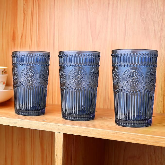 Loivttvv 6pcs Vintage Drinking Glasses Set, 12 oz Blue Highball Glasses, Embossed Ribbed Glassware Cups for Cocktail, Water, Juice, Coffee, Whiskey - Image 4