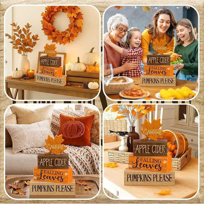 Moucuny 4 Pcs Fall Decoration for Home Wooden Maple Leaf Thanksgiving Table Centerpiece Rustic Thanksgiving Tiered Tray Decor Decorative Maple Leaf Block Signs Farmhouse Autumn Decor for Kitchen - Image 5
