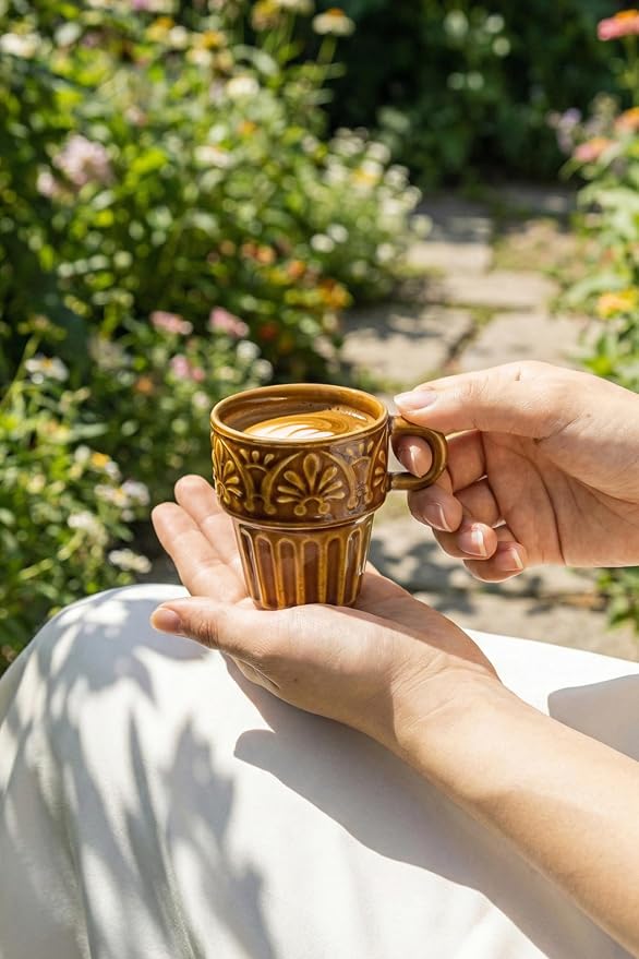 Ceramic Coffee Mug, Stackable Mug 3.3 OZ Coffee Mugs, Espresso Cups, Mugs Set of 6 for Latte Milk Hot Chocolate, for Men Women Kids, Ideal for Home Restaurant Daily Use & Holiday Gifting, Brown - Image 7