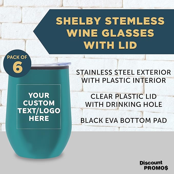 Custom Stemless Wine Tumblers 12 oz. Set of 6, Personalized Bulk Pack - Insulated, Perfect for Wine, Cocktails, Other Hot & Cold Beverages - Teal