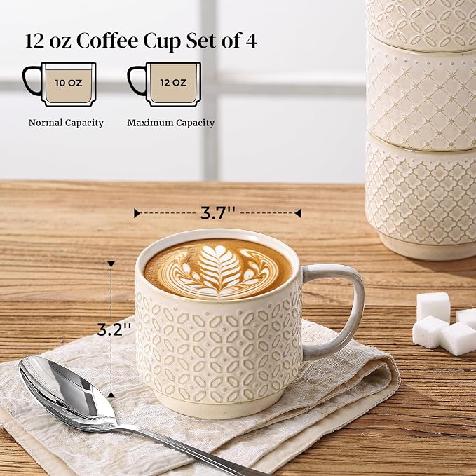 DOWAN 12oz Coffee Mugs Set of 4, Ceramic Coffee Mugs, Stackable Cappuccino Cups, Microwave Safe and Large Handle, Office and Home Use - Image 2