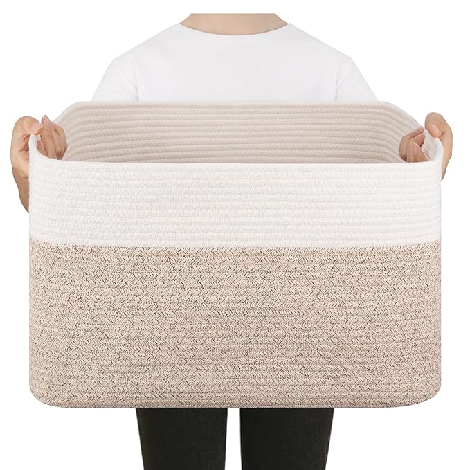 Blanket Basket, Cotton Rope Woven Storage Basket for Living Room, Toy Bin for Kids, Nursery, Baby Room Decorative Organizer, 18''×14''×12'', Brown & White