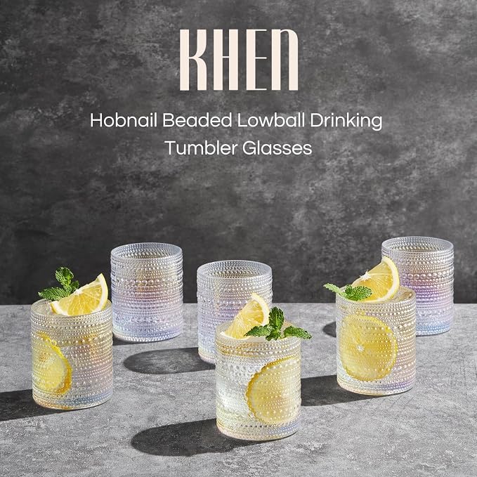 Hobnail Beaded Lowball Drinking Tumbler Glasses | Set of 6 | Iridescent Pearl Vintage Bubble Design Glassware, Old-Fashioned, Embossed Design, Water, Wine, Cocktail Embossed Heavy Glass, Rocks Glass - Image 2