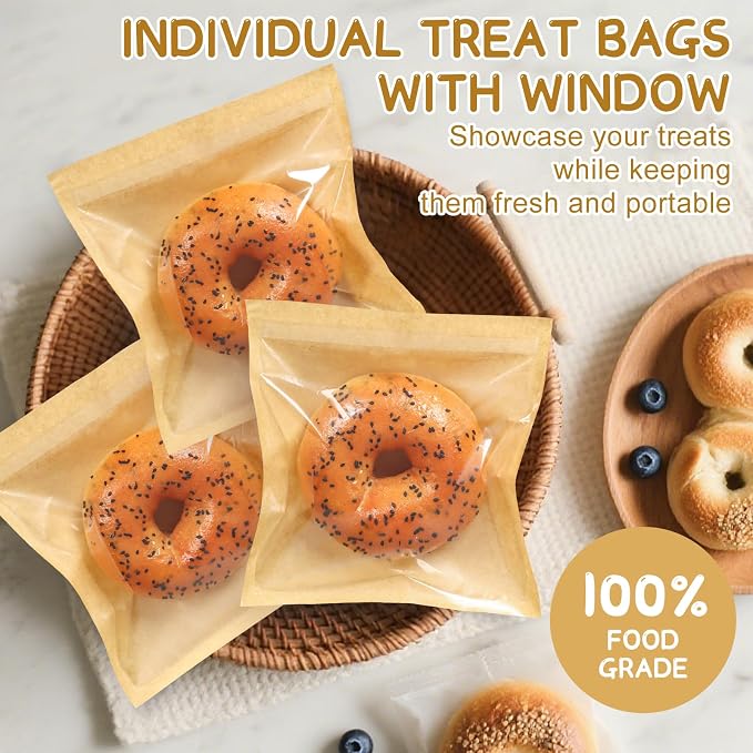 SUREHOME Paper Sandwich Bags 100 Pcs 7.1 X 7.5 In Kraft Brown Paper Bags with Window Individual Heat Seal Bakery Bag with Sticker Cookie Bag for Party Favors Snacks Treats Bread Baked Goods Packaging - Image 4