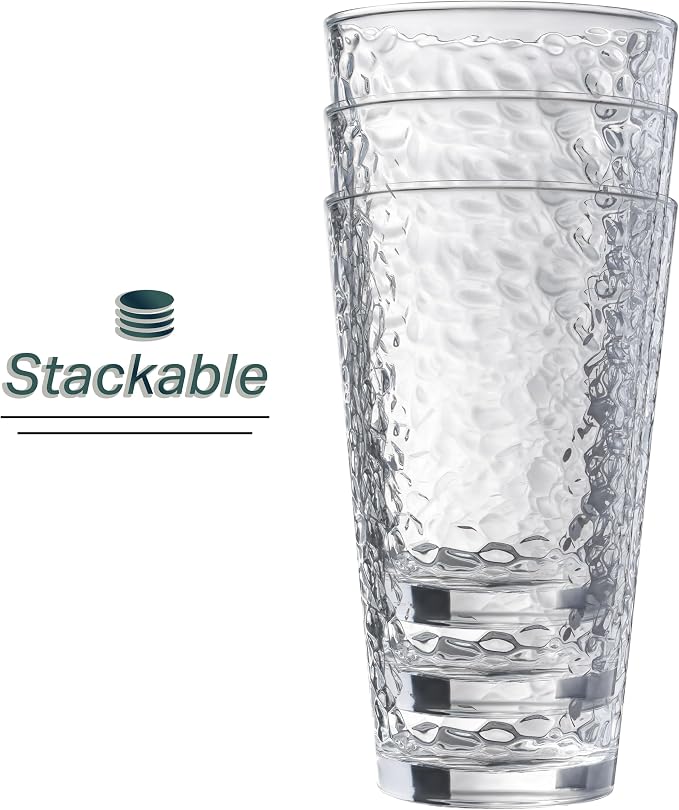 Le'raze Set of 10 Hammered Glass Cups, Clear Heavy Base Drinking Glasses | 16oz, Stackable, Durable, Dishwasher Safe, Freezer Safe, Non Slip, 100% Food Grade, BPA Free, Secure Packaging, Eco-Friendly - Image 4