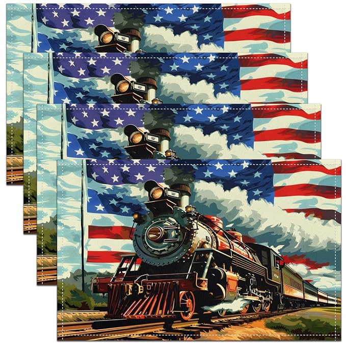 Feelyou Train Placemats Set of 4 American Flag Table Mats for Party Kitchen Dining Decoration Colorful Steam Engine Place Mat for Table Holiday Decor Indoor Outdoor 18"x12" Easy to Clean by Feelyou