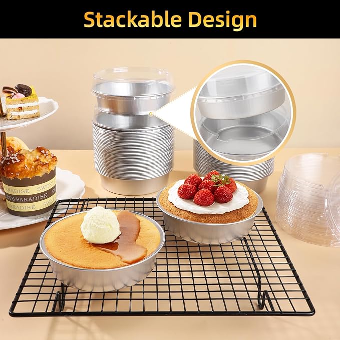 Beasea Pie Tins with Lids 8oz, 100 Pack 4 Inch Disposable Mini Creme Brulee Ramekins Silver Small Aluminum Foil Pie Tart Cake Baking Pans Individual Round Containers Oven Safe for Baking - Image 6