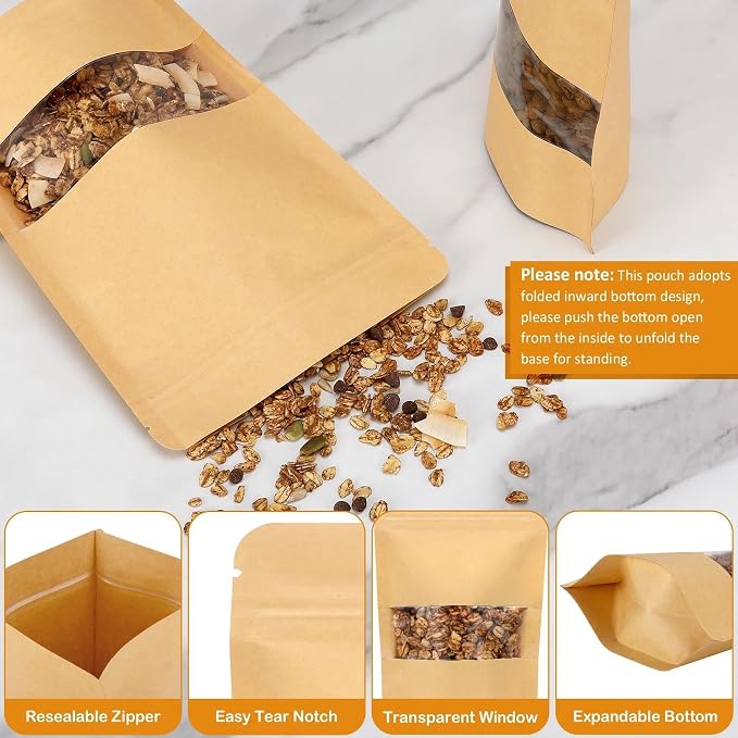 100 Pcs Kraft Paper Resealable Bags for Small Business (4.8 X 6.3 Inches) | Heat Sealable Zip Lock Stand Up Pouches with Clear Window for Food Storage, Samples, Party Favors - Image 5
