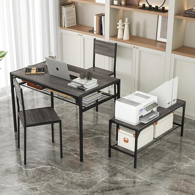 Giantex Dining Table Set for 4, Kitchen Table with Chairs & Bench, Storage Racks, Metal Frame, 4-Piece Space-Saving Dinette Set for Dining Room, Breakfast Nook, Small Space, Apartment, Grey - Image 3