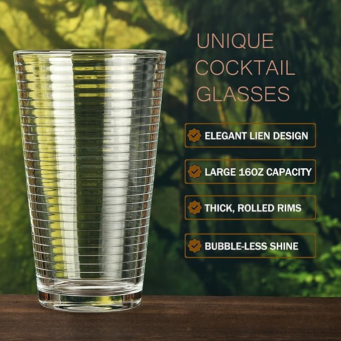 ALINK 16 oz Drinking Glasses, Set of 6 Highball Glasses, Ribbed Glassware Glass Cups, Water Glasses for Beer, Iced Coffee Cups, Cocktail Glasses, Wine, Iced Tea, Dishwasher Safe - Image 2