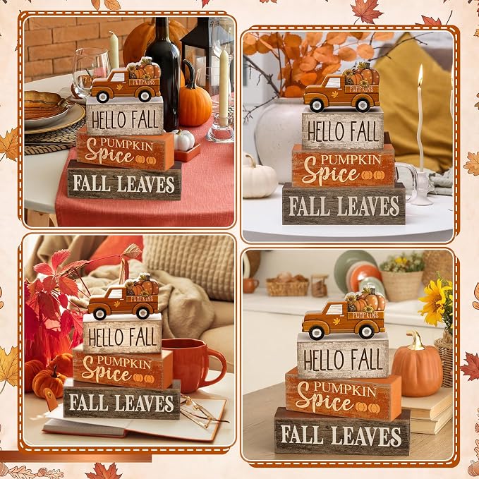 Moucuny 4 Pcs Fall Decoration for Home Fall Truck Decor Thanksgiving Tiered Tray Decor Rustic Wooden Truck Block Sign Thanksgiving Centerpiece Autumn Table Decorations for Harvest Party Kitchen Home - Image 5