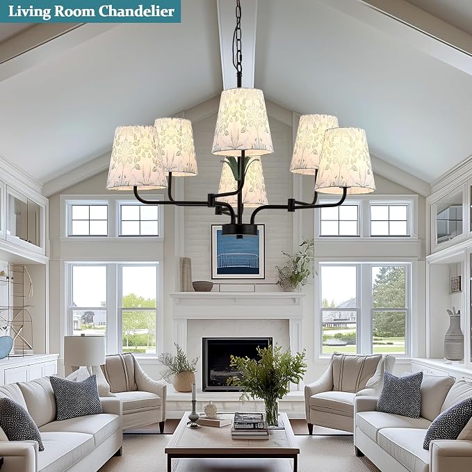 Black Chandeliers with White Fabric Shade, Farmhouse Green Plants Chandelier for Dining Room, Linear Island Lighting Fixture for Kitchen, Industrial, Foyer, Entryway, Living Room,Nature - Image 8