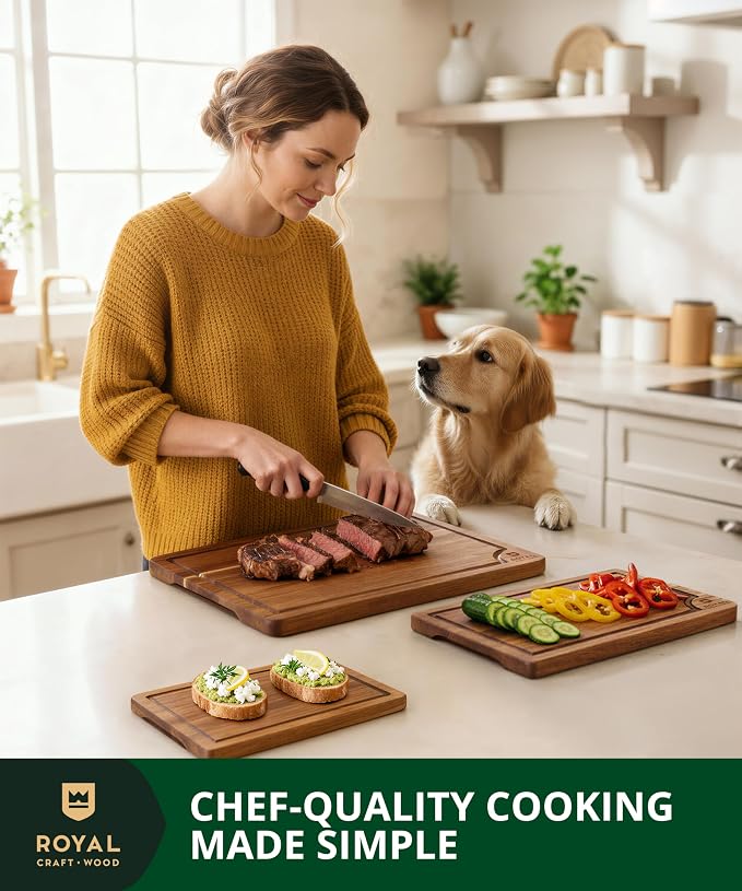 ROYAL CRAFT WOOD Wooden Cutting Boards for Kitchen Meal Prep & Serving - Bamboo Wood Serving Board Set with Deep Juice Groove Side Handles - Charcuterie & Chopping Butcher Block for Meat - Image 5
