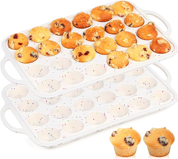 2 Pcs Mini Muffin Pans with Metal Reinforced Frame, 24 Cups Nonstick Silicone Cupcake Tray for Baking, Food Grade Small Muffin Molds with Handles (Cream) | 24 Cups Nonstick Silicone Cupcake Tray for Baking, Food Grade Small Muffin Molds with Handles (C... by AOTASO