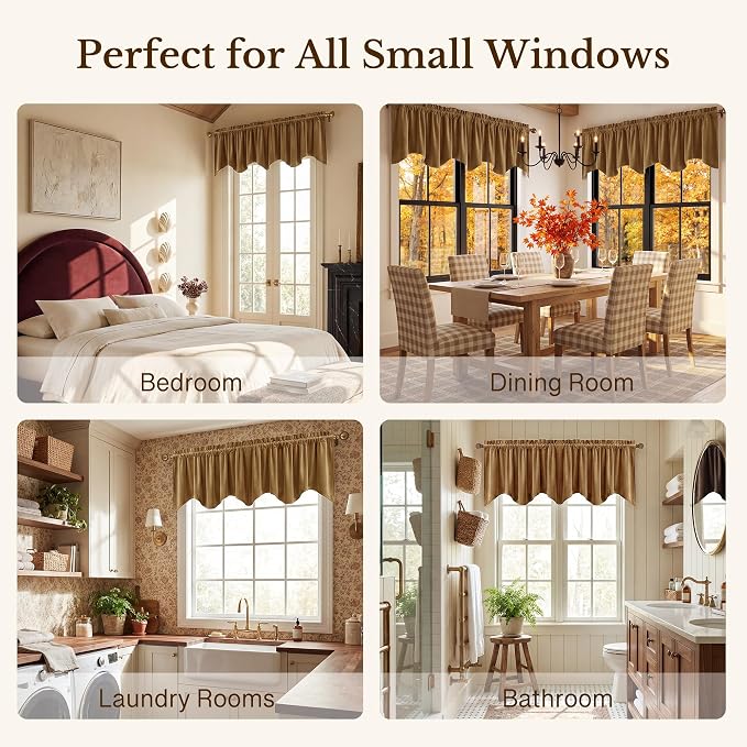 Gold Brown Fall Decor Scalloped Valance 52x18 Inch 1 Panel | Autumn Vintage Velvet Wavy Cafe Curtains for Kitchen, Warm Tone Window Treatment for Living Room, Basement - Image 6