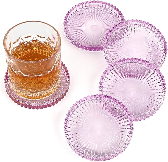Modern Clear Coaster Set of 5- Glass Coasters for Drinks, Clear Purple | Crystal Coasters Round Cup Mat Coffee Table Decor for Office, Kitchen, Bar, Dining Room, Living Room, Patio by Unknown