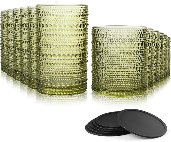 Hobnail Drinking Glasses Set of 12 with 6 Coasters, Green | 6 Highball Glasses (14.5 oz), 6 Old Fashioned Glasses (10 oz) and 6 Silicone Coasters for Water, Whiskey and Cocktails by Unknown
