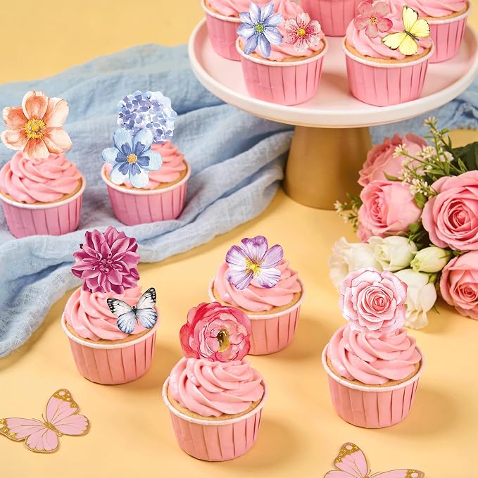 138pcs Edible Flower Butterflies Cake Topper Wafer Paper Flower Cupcake Toppers Mixed Size Hawaiian Flower Cake Decorations for Tropical Luau Birthday Baby Shower Party Supplies - Image 2