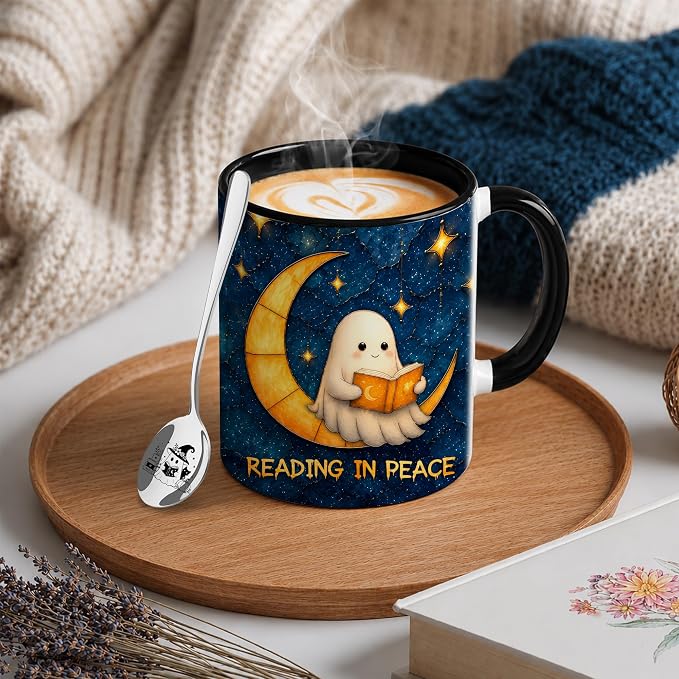 Hyturtle Cute Ghost Reading Mug with Spoon Gift for Book Lover on Halloween | Spooky Ghost Reading Themed Gifts for Readers, Halloween Decor, Double-sided print 11oz ceramic mug, Comfort grip handle - Image 3