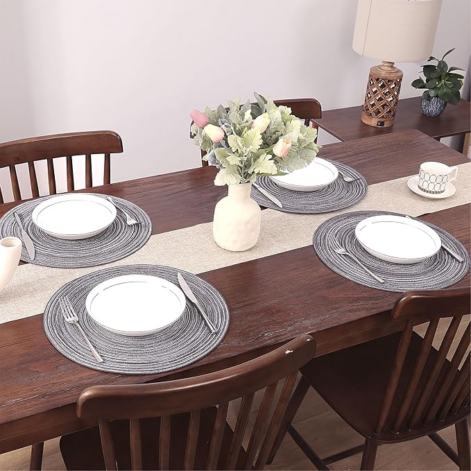 SHACOS Round Braided Placemats Set of 6 Round Table Mats 15 inch Cotton Washable for Holiday Party (Black Grey, 6) - Image 7