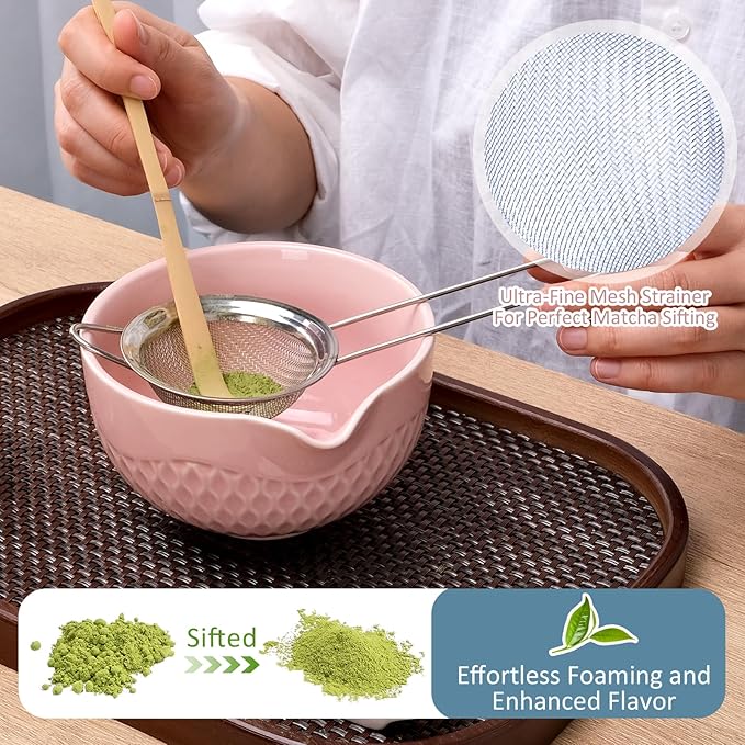 Joyscale Matcha Whisk Set, Matcha Set Whisk And Bowl, 8 Pcs Matcha Kit Set(Texture Design), 16 OZ, Japanese Matcha Tea Set, Matcha Making Kit Gifts for Tea Lovers(Pink)