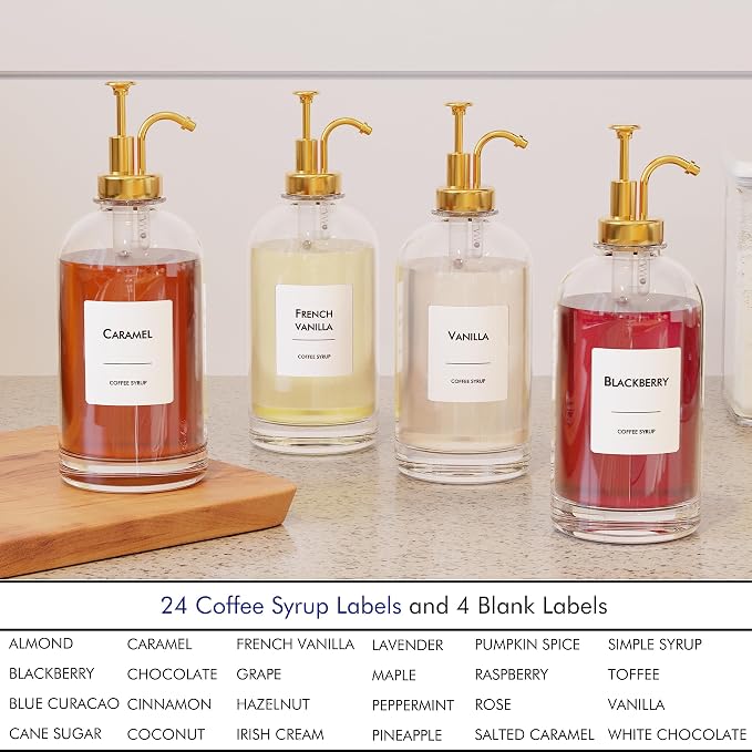 16.9 oz/500 ml Coffee Syrup Dispenser Set - 6 Glass Bottles with Gold Pumper and Syrup Labels - Precise Dispensing and Stylish Addition to Coffee Shop, Cafe or Home Bar - Image 5