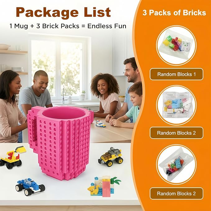 Lumsburry Build-on Brick Coffee Mug, Funny DIY Unique Novelty Drinking Cup | Building Blocks Creative Mug, for Men Women Kids Dad Mom, Present Exchange Ideas, Xmas Birthday White Elephant(Rose) - Image 4