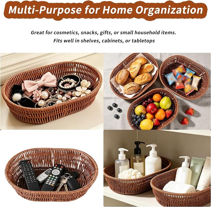 Set of 3 Oval Imitation Rattan Storage Baskets, Dark Brown, 11 x 8 x 2.6 in | Washable PP/PE shallow organizer bins with metal frame for kitchen counter, pantry, tabletop, fruit, bread, snacks and gifts. - Image 6