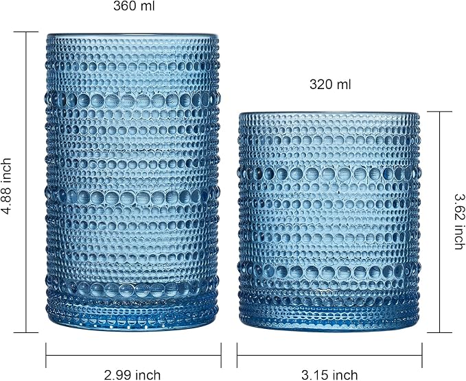 Hobnail Beaded Highball Drinking Tumbler Glasses | Set of 12 | Color, Vintage Bubble Design Whiskey Glassware, Old-Fashioned, Embossed Design for Water, Wine, Cocktail Embossed Heavy Glas, Rocks Glass - Image 3