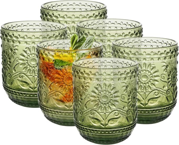 Topsky Vintage Drinking Glass Set of 6,12 oz Embossed Floral Decorative Glassware Set,Glass Cups Wine Glasses Beverages Tumblers Colored Glassware for Whisky,Beer,Juice,Cocktail,Heavy Duty by HomeandKitchenNO1