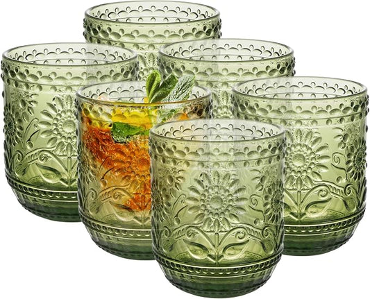 Topsky Vintage Drinking Glass Set of 6,12 oz Embossed Floral Decorative Glassware Set,Glass Cups Wine Glasses Beverages Tumblers Colored Glassware for Whisky,Beer,Juice,Cocktail,Heavy Duty by HomeandKitchenNO1
