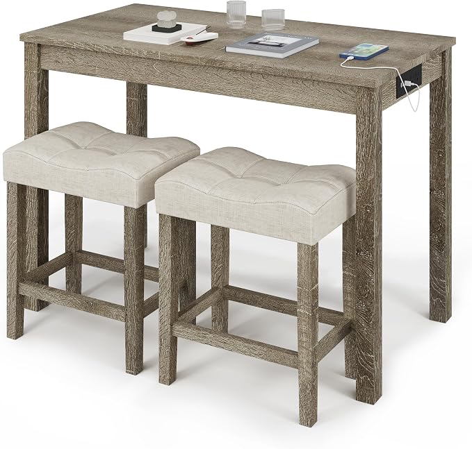 allamazing 3-Piece Counter Height Bar Table Set with Socket and 2 Fabric Padded Bar Stools, Tall Kitchen Breakfast Dining Table Set with Stools (1+2 Natural) by allamazing