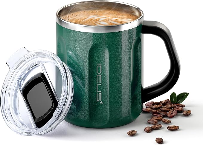 Ideus 16 oz Insulated Coffee Mug with Handle and Lid, Double Wall Stainless Steel Vacuum Thermal Coffee Mug, Travel Coffee Cup Thermal Cup for Home and Office, Deep Green-FUJI FLOW by IDEUS