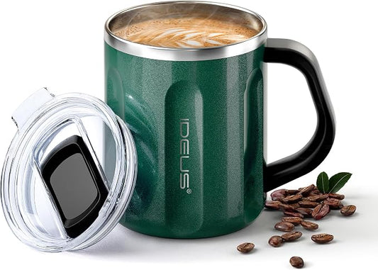 Ideus 16 oz Insulated Coffee Mug with Handle and Lid, Double Wall Stainless Steel Vacuum Thermal Coffee Mug, Travel Coffee Cup Thermal Cup for Home and Office, Deep Green-FUJI FLOW by IDEUS