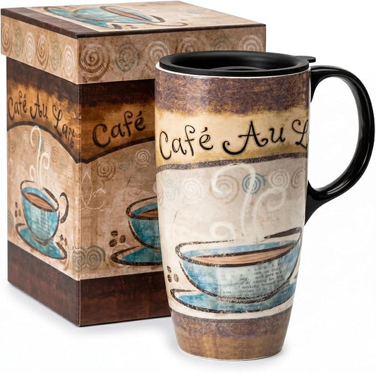 Topadorn 17oz Ceramic Travel Mug with Lid, French Café Coffee Mug with Handle, Vintage Latte Cup for Coffee Tea Cocoa, Microwave & Dishwasher Safe, Gift Box Included by Topadorn